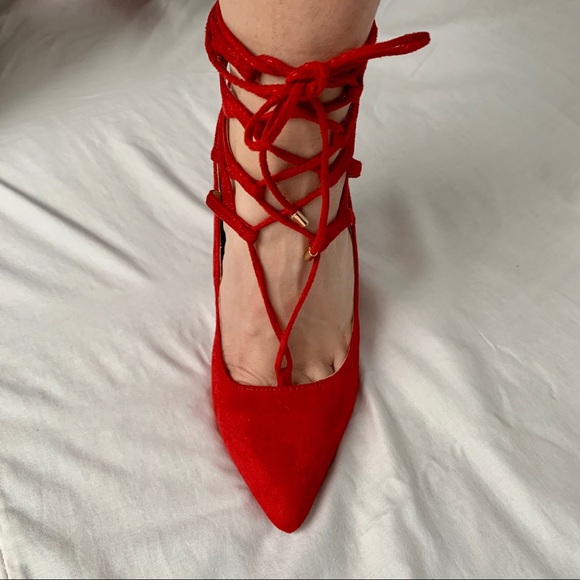 Red Lace up Heels - Picture 3 of 12